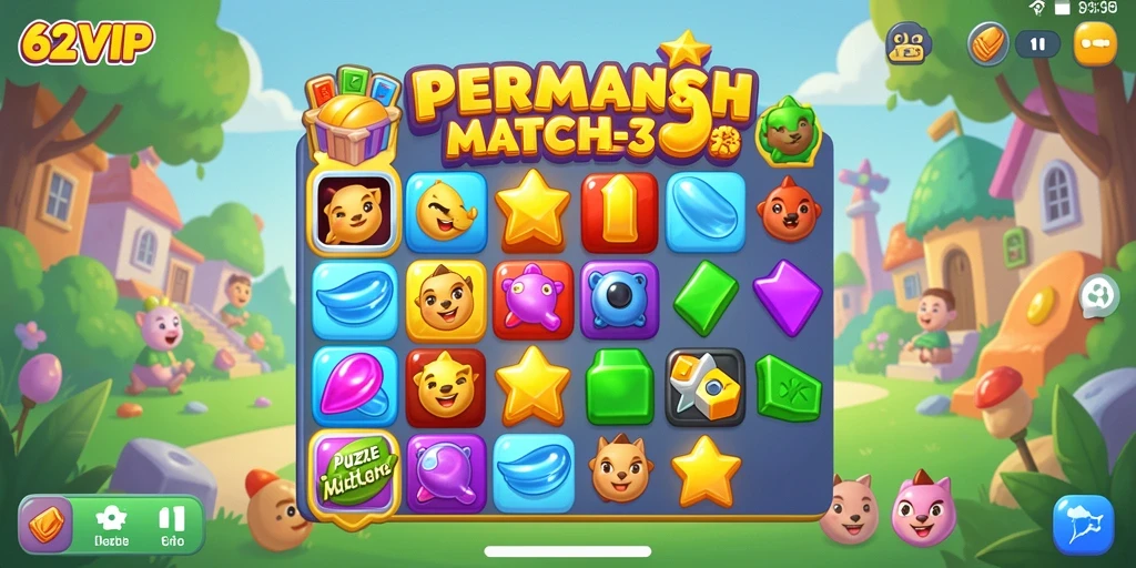 Tampilan antarmuka game Puzzle Match-3 penuh warna dan menarik.